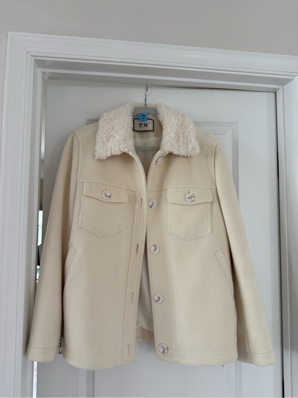 Cream Wool Blend Sherpa Collar Coat Jacket Oversized L/XL